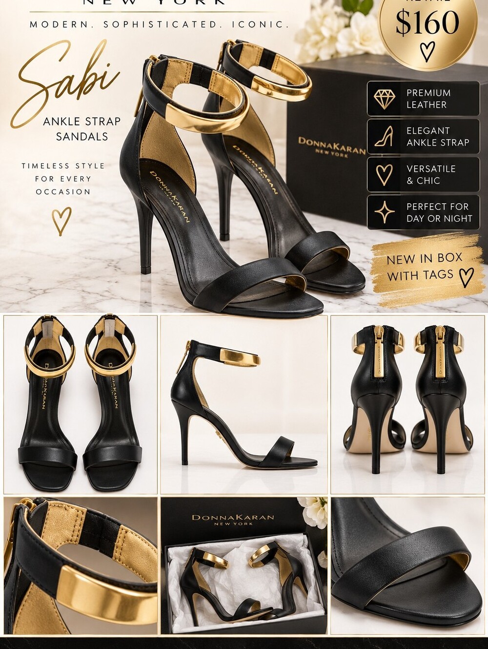 NIB Donna Karan Black & Gold Sabina Ankle Strap Heels